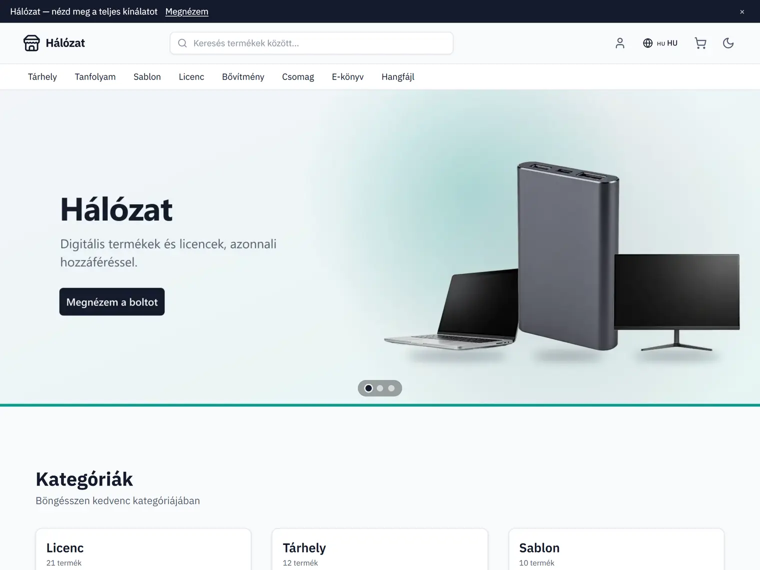 A Hálózat kinézet a demó boltban