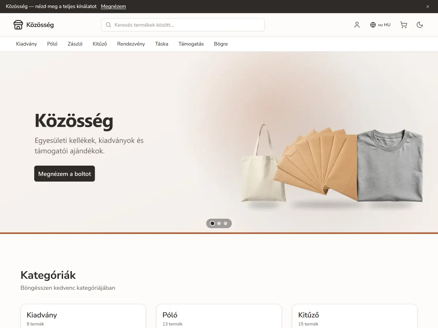 A Közösség kinézet a demó boltban