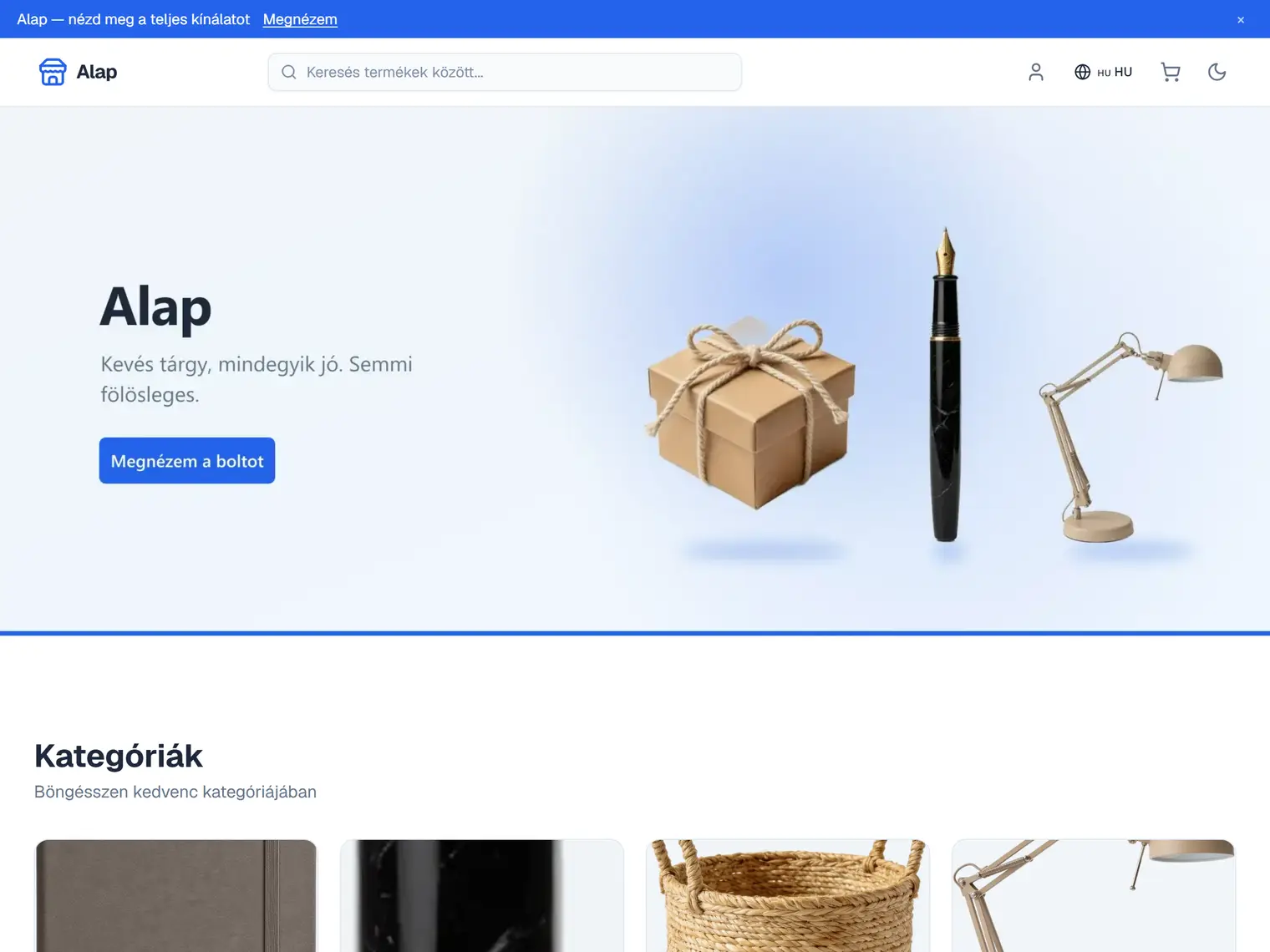 A Minimal kinézet a demó boltban