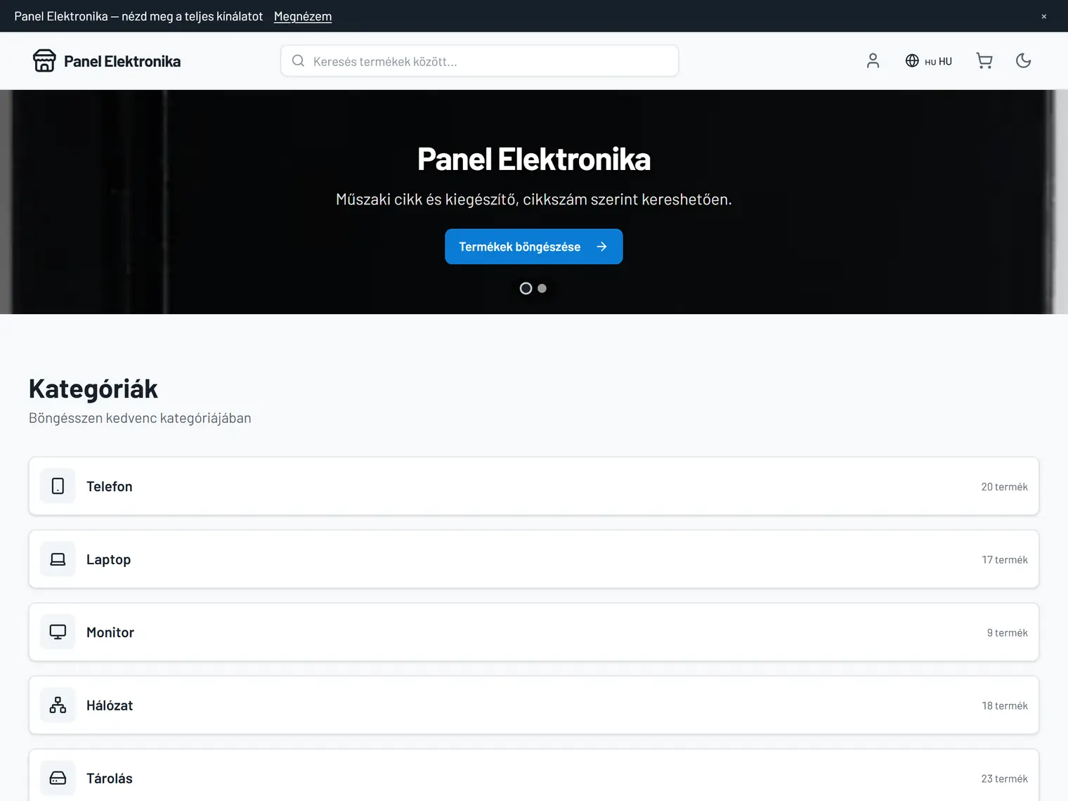 A Panel kinézet a demó boltban